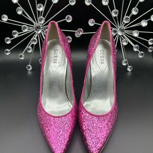 Women’s Guess Barbie Pink Pointed Toe Sequin 4” Silver Heel Shoes